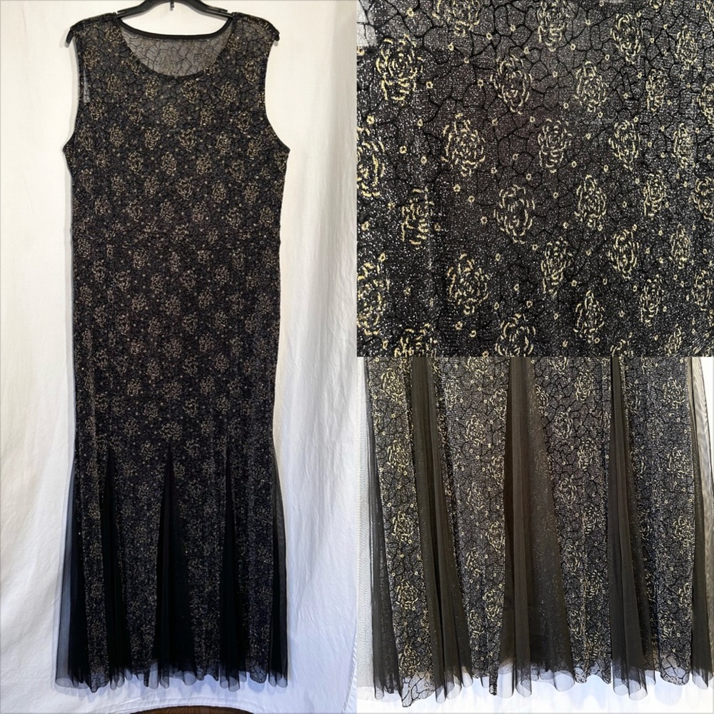 WOMENS 2XL XXL BLACK GOLD SILVER SPARKLE SLEEVELESS FORMAL STRETCH LONG DRESS